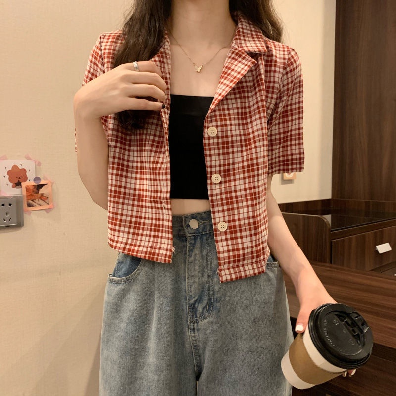 Áo Sơ Mi Ngắn Tay Kẻ Sọc Ca Rô Phong Cách Hồng Kông Thời Trang Mùa Hè Mới Cho Nữ 2022