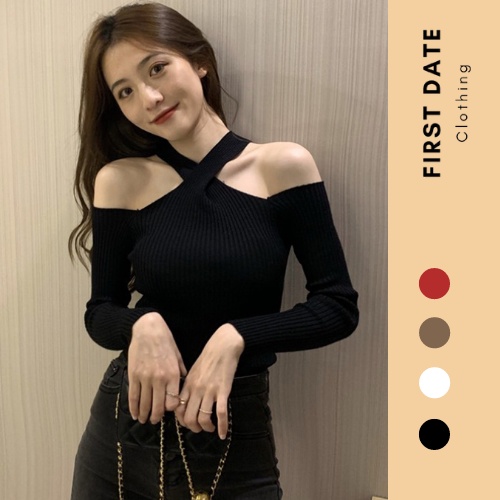 Áo thun nữ dài tay len tăm mỏng màu thu dây đan chéo cổ FIRST DATE Hàn Quốc