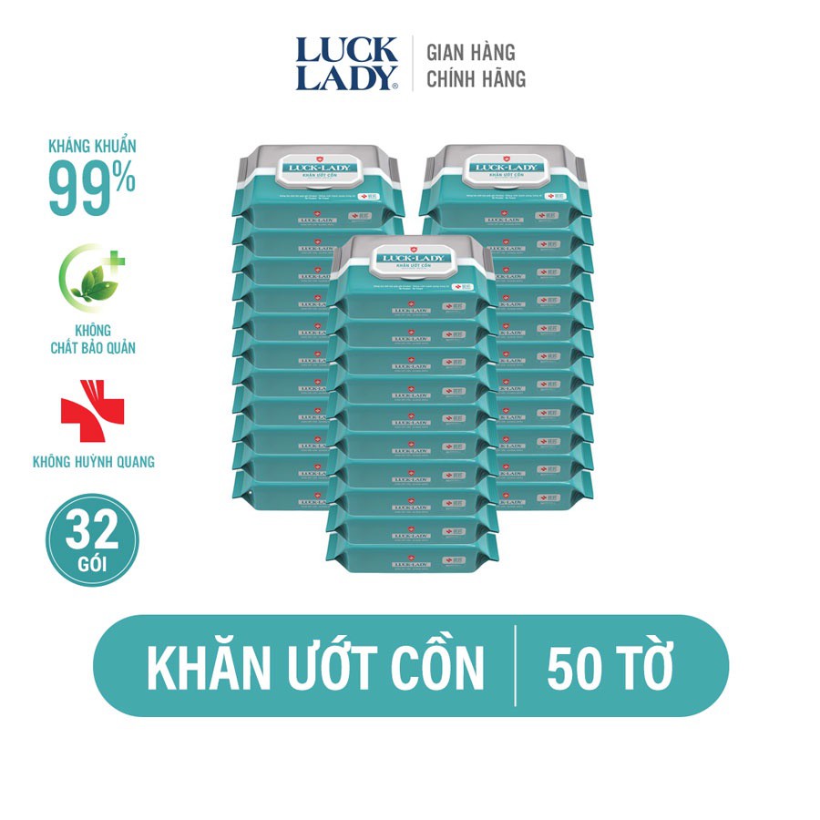 Khăn ướt cồn kháng khuẩn Luck Lady 50 tờ/gói - Combo 32 gói