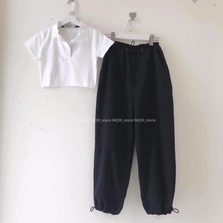 Set áo crop cổ bẻ+ quần thun bo gấu