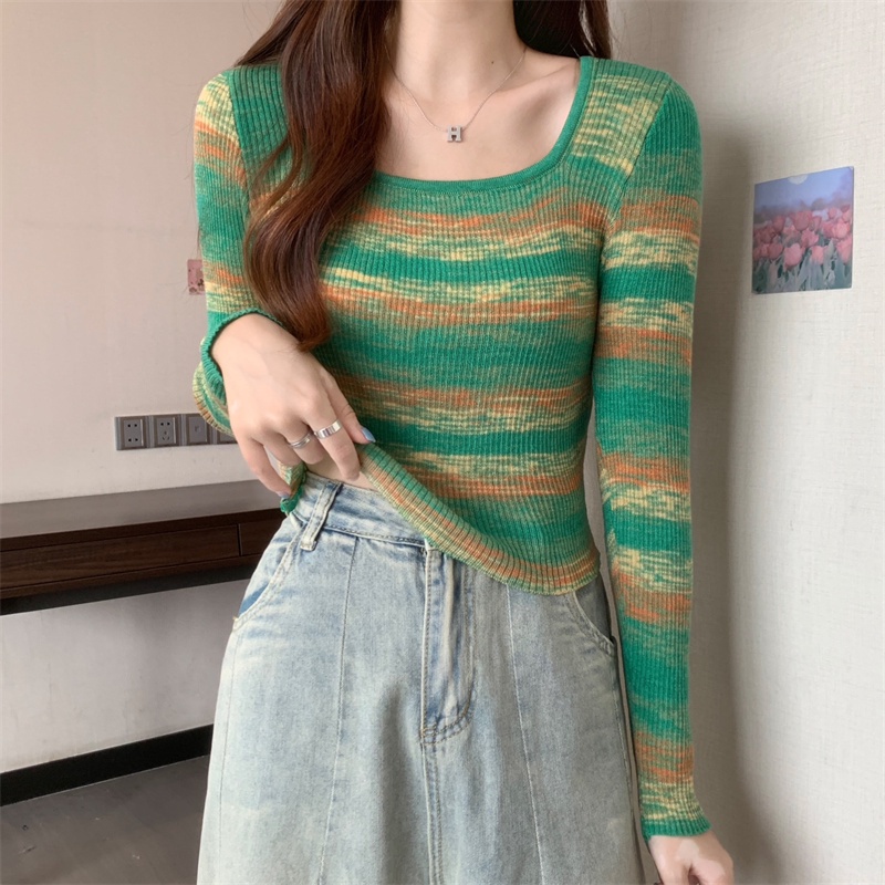 Áo kiểu ZHELIHANGFEI len dệt kim ôm dáng vừa vặn tay dài họa tiết kẻ sọc thời trang dành cho nữ