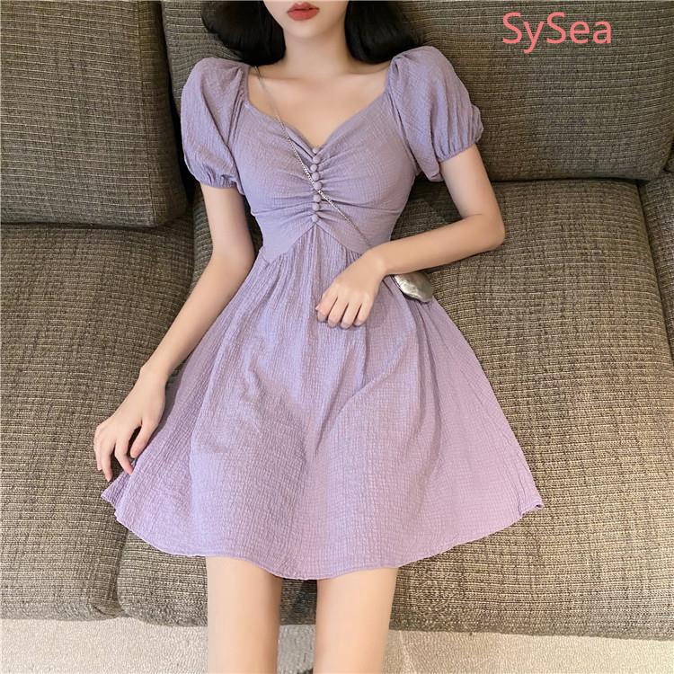 Đầm Dáng Chữ A Cổ Chữ V Màu Tím Phối Bèo Nữ Tính | BigBuy360 - bigbuy360.vn