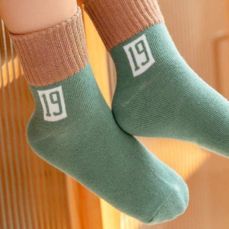 Bộ 5 Đôi Vớ Cotton Họa Tiết Chữ Cái Màu Sắc Tương Phản Giữ Ấm Mùa Đông Cho Bé