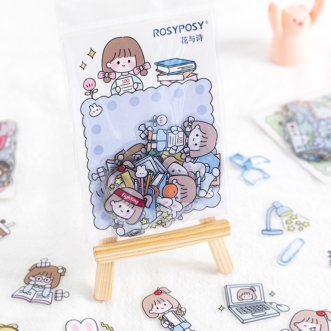 RY DIY- Set 40 Sticker ROSY POSY nhỏ xinh hình cô gái tóc mái ngố dễ thương trang trí nhật kí,...