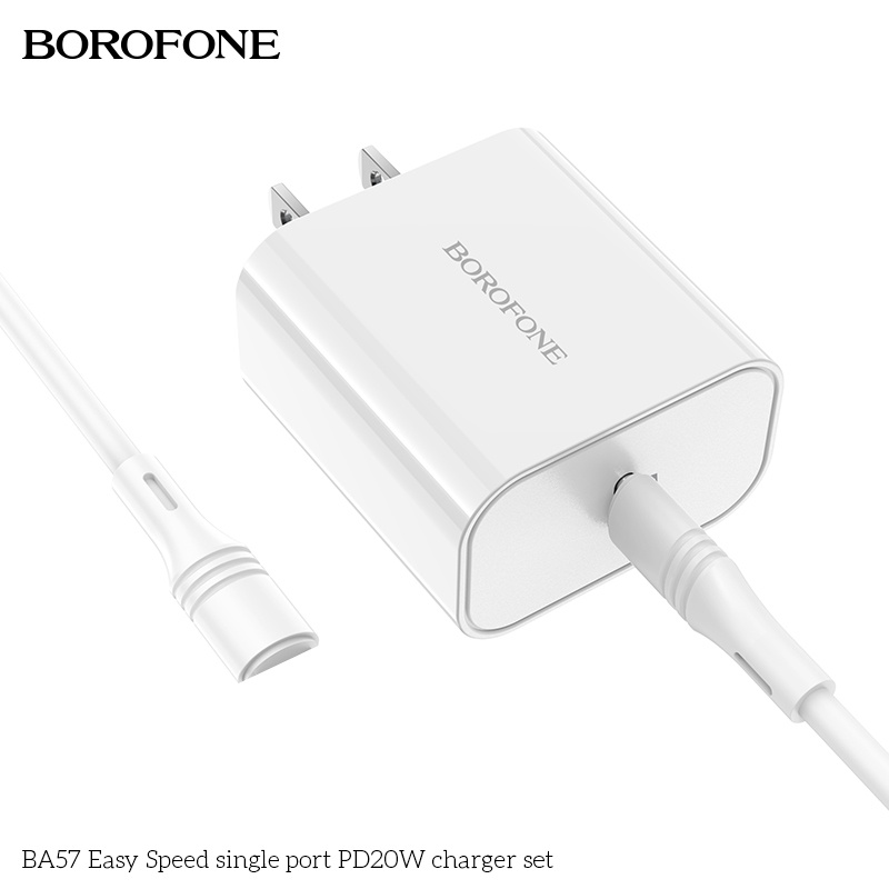 Sạc iPhone Borofone BA57 20W : Củ sạc nhanh 20W PD và dây sạc type-C to lightning tương thích iPhone 13,12,11,X,8,7,6