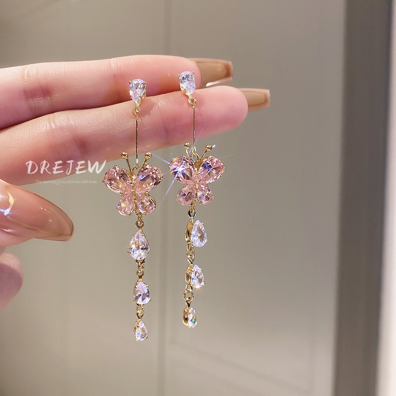 Khuyên tai DREJEW 1 tua rua dáng dài bằng bạc đính đá zircon sang trọng