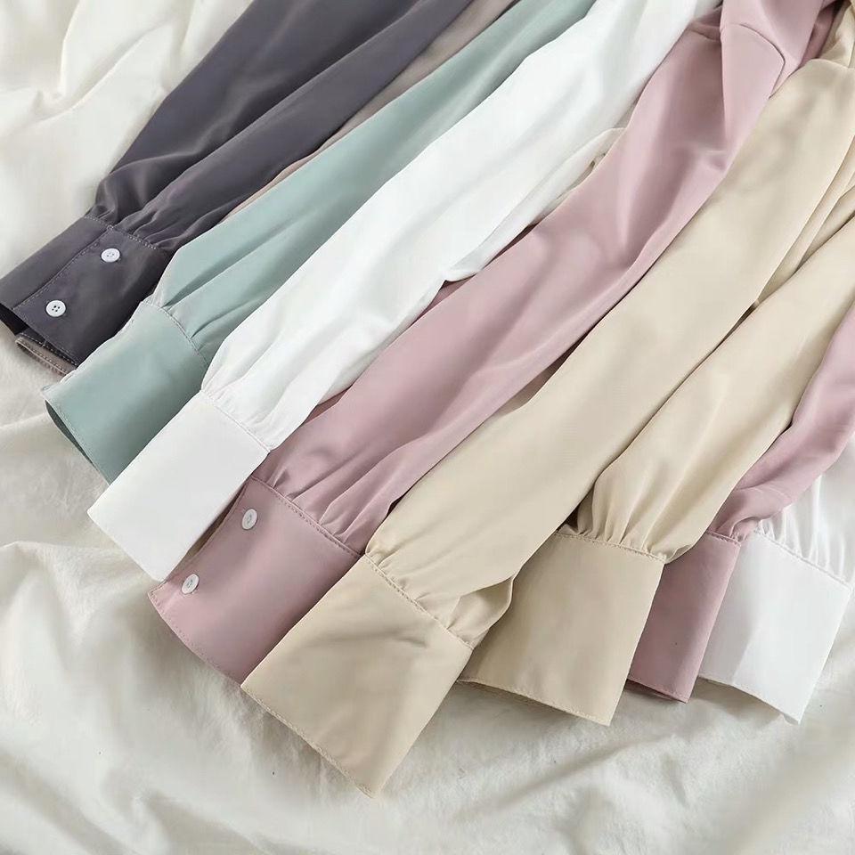 Áo Sơ Mi Tay Dài Dáng Rộng Màu Sắc Đơn Giản Cho Nữ