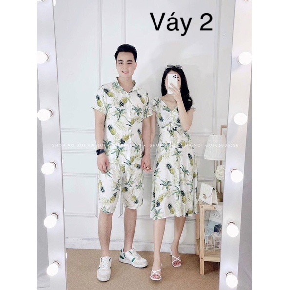 Quần áo đi biển sơ mi trái cây dứa - đủ size cho cả gia đình, nhóm chất tơ đũi loại 1 cao cấp, Váy áo đôi du lịch nam nữ