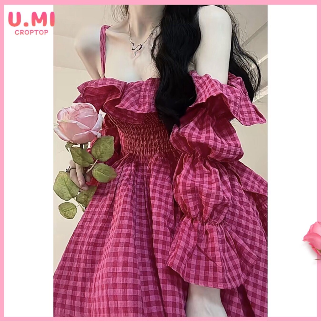 Váy babydoll Đầm Hai Dây Mùa Hè Màu Trắng / Đỏ Sọc Caro Trễ Vai Phong Cách Ngọt Ngào Cho Nữ