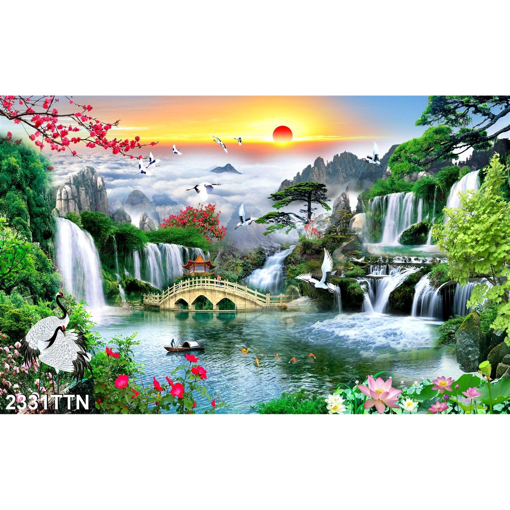 TRANH DÁN TƯỜNG 3D SƠN THUỶ HỮU TÌNH THÁC NƯỚC ĐẸP NHIỀU MẪU - TRANH NON NƯỚC HỮU TÌNH