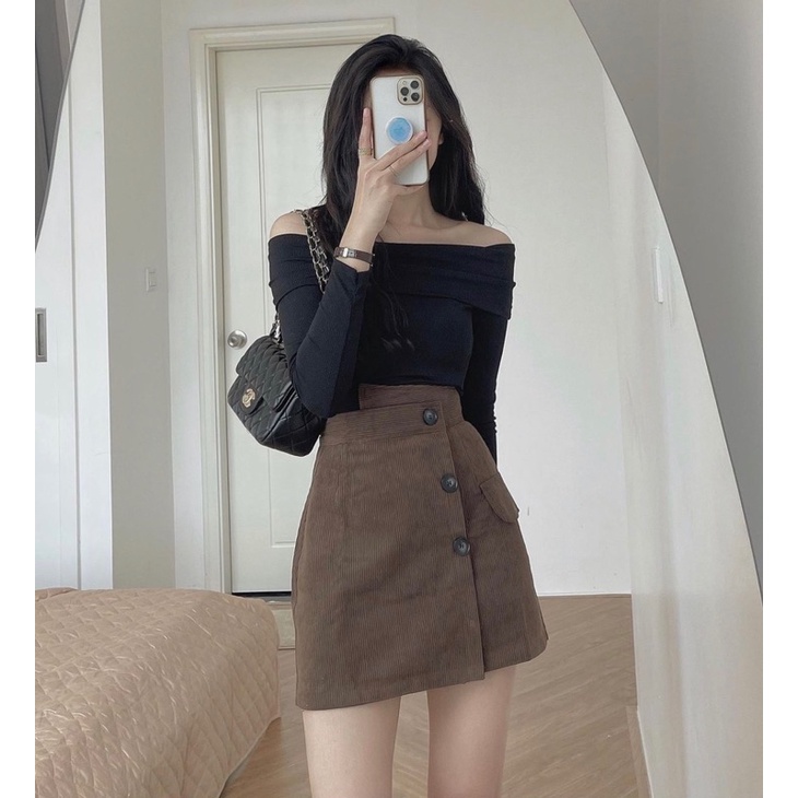 Chân váy ba cúc thô nhung nắp túi | BigBuy360 - bigbuy360.vn