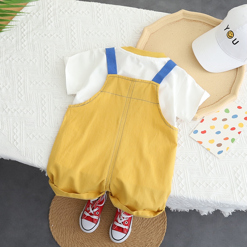 Set Áo Thun Tay Ngắn Cổ Tròn + Quần Short Cotton In Hình Gấu Hoạt Hình Thời Trang Hè Cho Bé Size 80-120cm