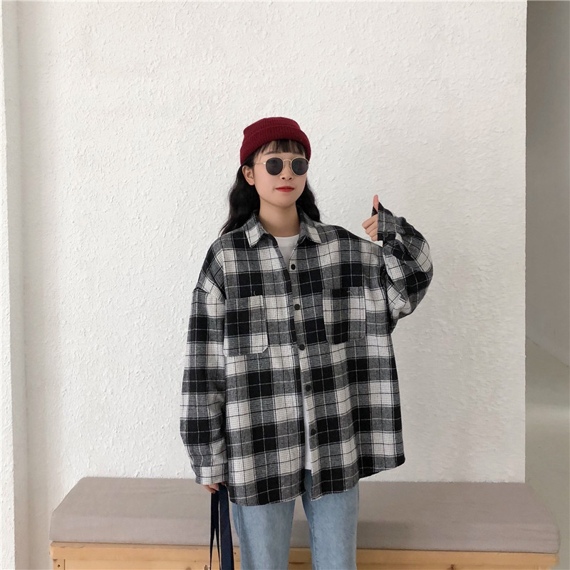 Áo sơ mi tay dài dáng rộng in họa tiết caro thời trang Hàn Quốc