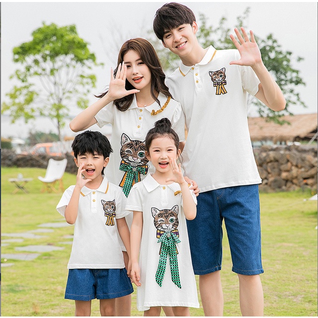 Áo polo Màu Đen Hình Chú Mèo Đáng Yêu Thời Trang Cho Cả Gia Đình