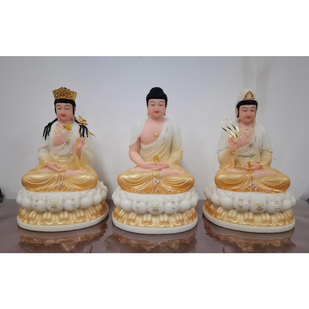 Bộ Ba Tượng Tây Phương Tam Thánh ( Tam Thế Phật ) Bằng Bột Đá Cao Văn Vẽ Gấm Cao Cấp - Phật Giáo Tường Thuận