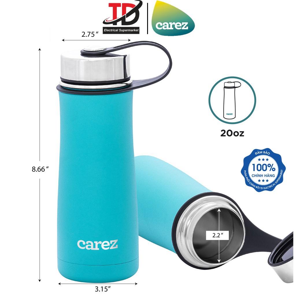 Bình giữ nhiệt Carez model VFC688SC-590ML với màu Xanh san hô trẻ trung, Inox 304, Không chứa BPA