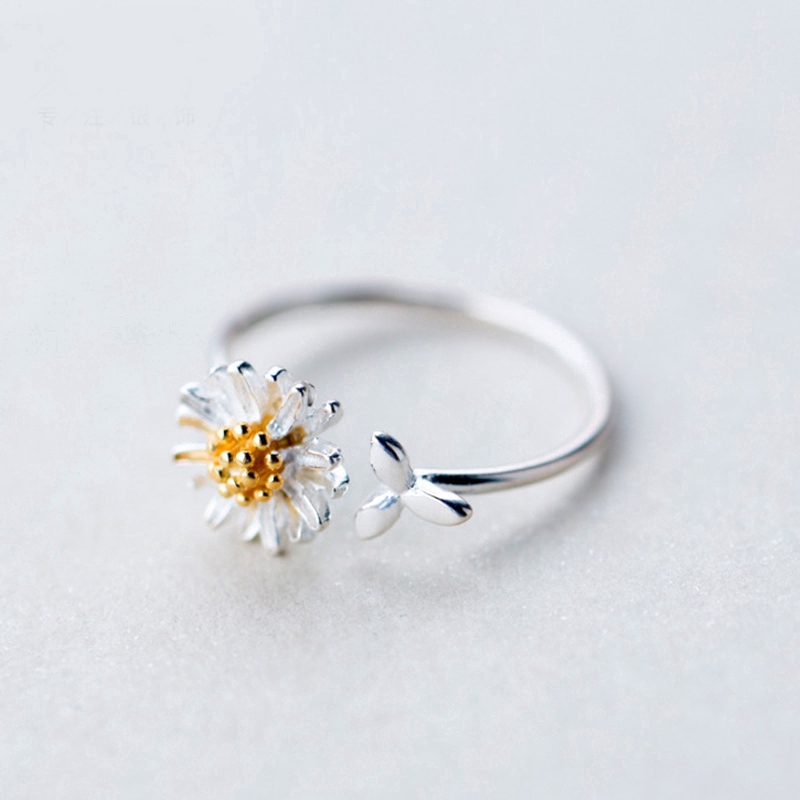 Women's Silver Ring Korean Version of Forest Silver Gold-plated Daisy Ring Cute Small Leaf Open Ring