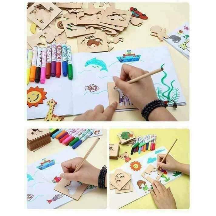 Đồ chơi giáo dục tập tô màu Bộ Khuôn hình gỗ an toàn cho bé tập vẽ gồm 48 chi tiết hoạt hình + Bút màu + Bút chì Kami