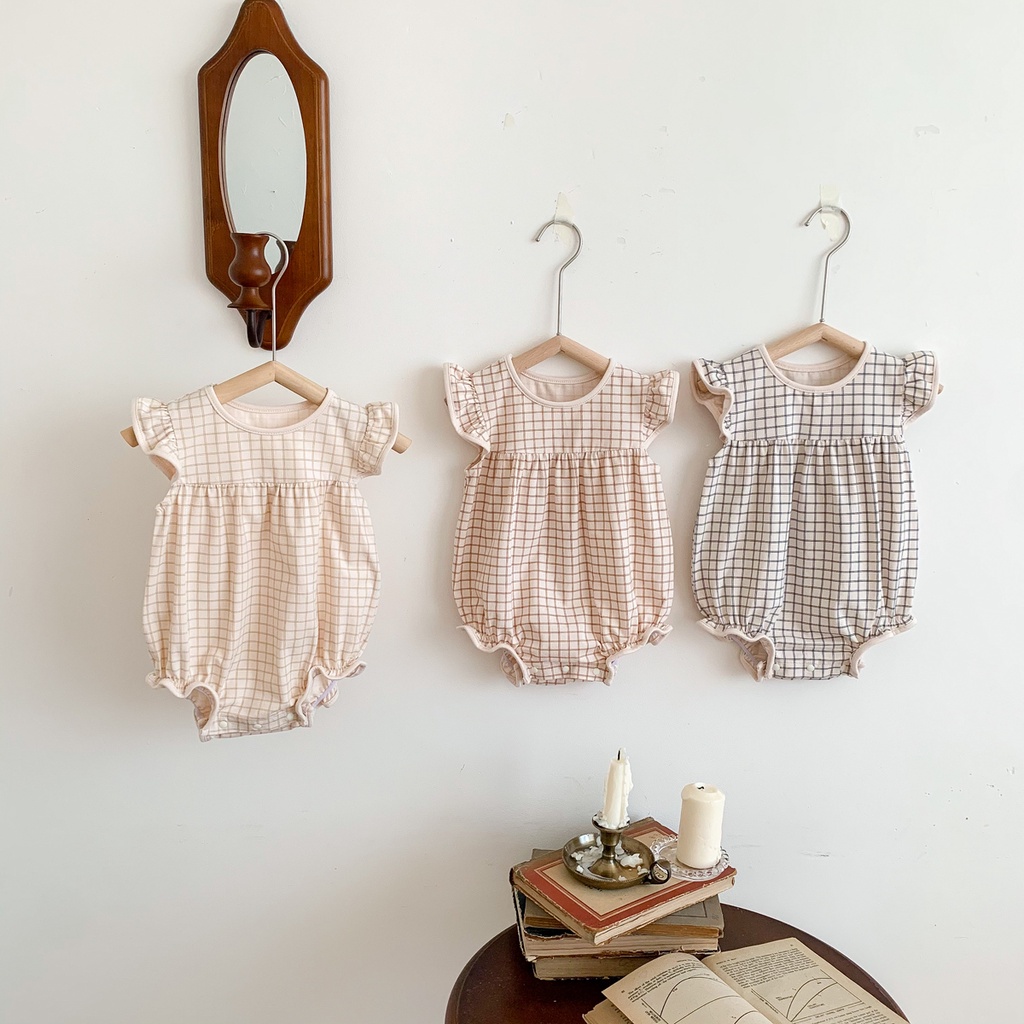 Bộ Áo Liền Quần Bằng Cotton Mềm Mại Họa Tiết Sọc Caro Cho Bé Gái Sơ Sinh