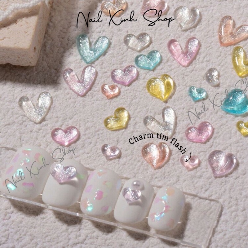 Set 10 charm tim flash mắt mèo - phụ kiện nail hot