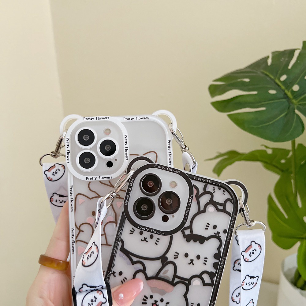 Ốp Điện Thoại Trong Suốt Hình Gấu Dễ Thương Có Dây Đeo Chéo Cho iphone 15 14 13 11 12 pro max x xs max 7 8 plus