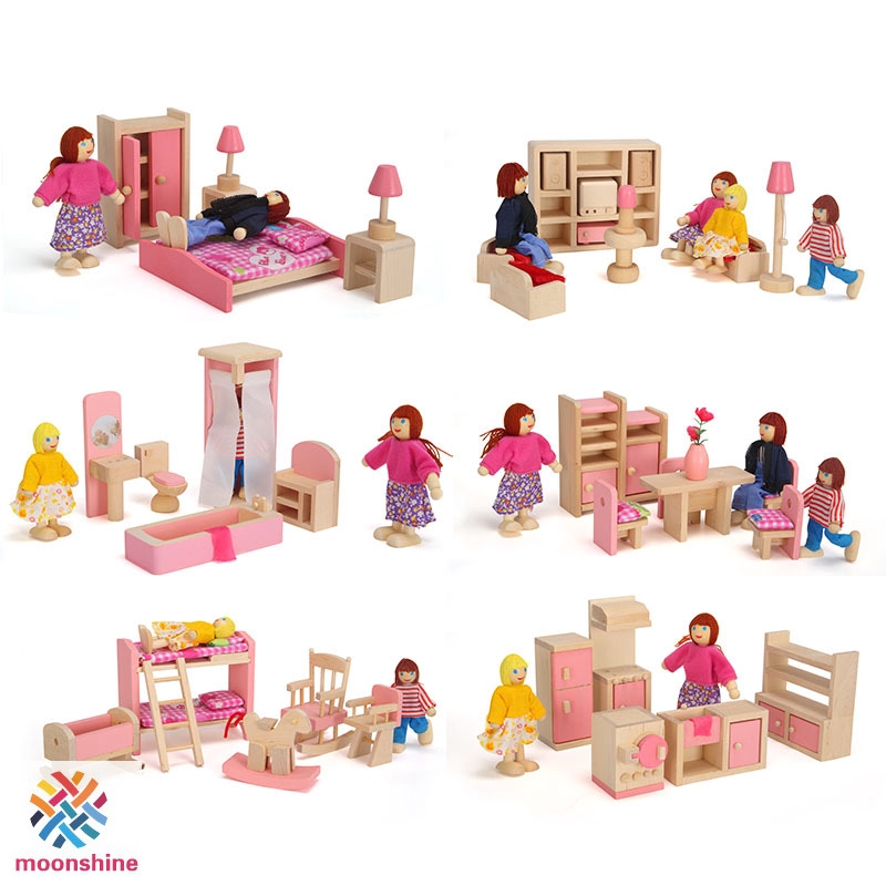 ❤PG❤ Wooden Miniature Dollhouse Furniture Toys Set Bedroom Kitchen Dinner Room Bathroom Living Room Pretend Play Toy For