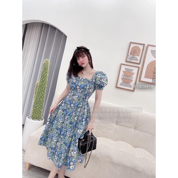 Đầm hoa cổ vuông tay phồng