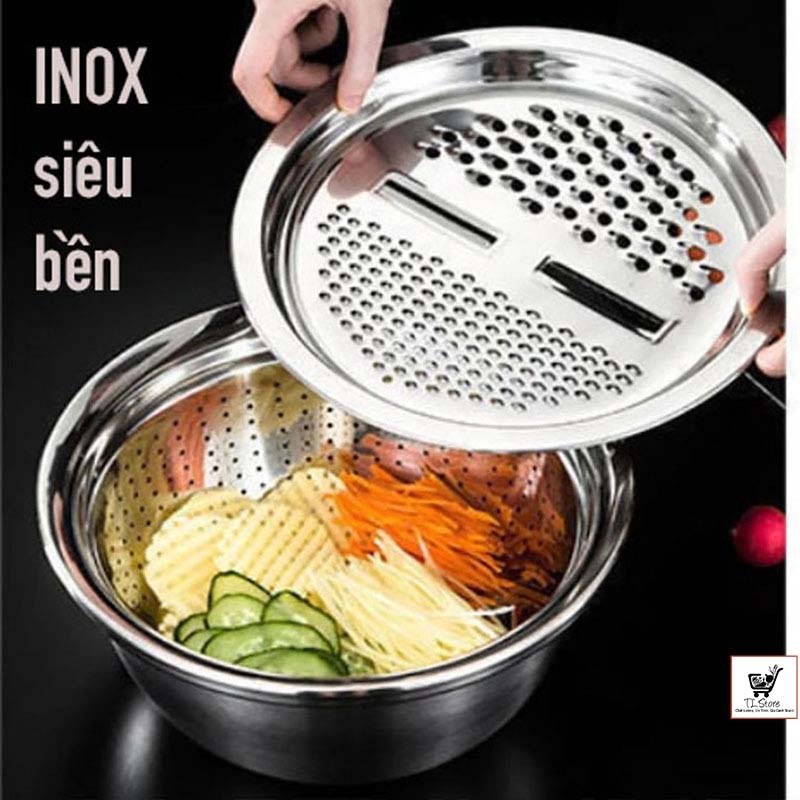 Bộ bào rau củ kiêm rổ và chậu Inox cao cấp đa năng 3 trong 1 (RỔ 3)