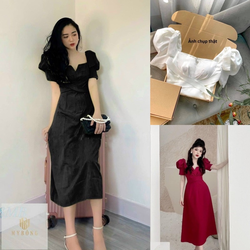 Đầm cổ vuông nơ vai midi tiểu thư dán dài sang trọng bigsize Kim Ngân 50 kg đến 90 kg (M/L/XL/XXL) (Đầm tết )