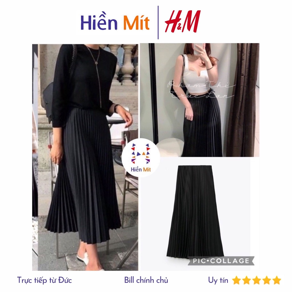 H&M Đức- Chân váy midi xếp dập ly chuẩn form màu đen dài satin lụa sale auth new tag cao cấp chính hãng 0998124001 HM
