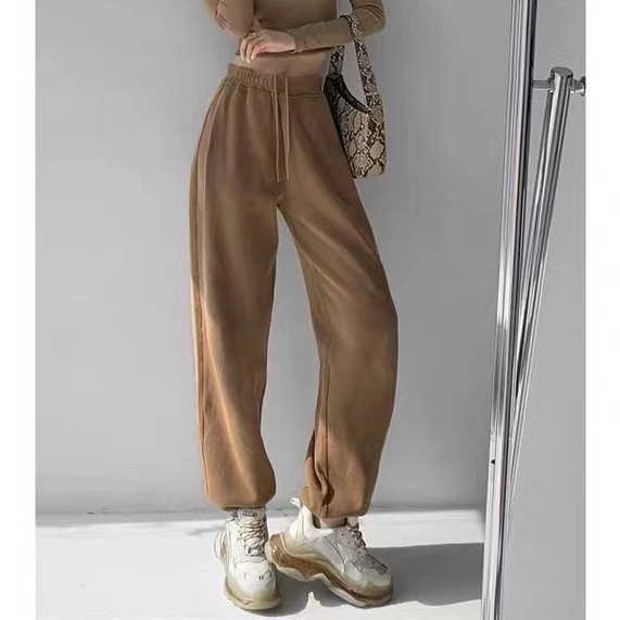 SUXI Quần dài nữ ống suông cạp thun màu trơn thời trang phong cách Hàn Quốc