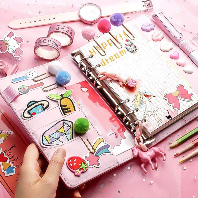 Set 12 Ví Đựng Tài Liệu/Tiền Giấy A6 6 Lỗ Phối Khóa Kéo Màu Hồng