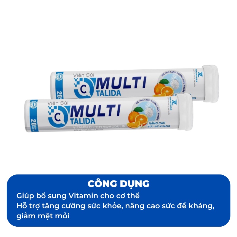 Viên sủi Multi TALIDA bổ sung vitamin và khoáng chất giúp tăng sức đề kháng, giảm mệt mỏi, tuýp 20 viên