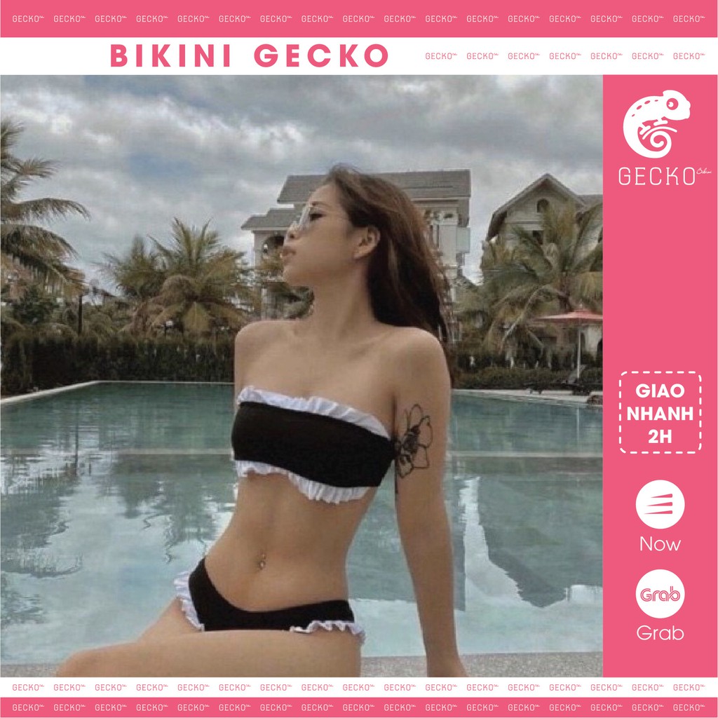 Bikini 2 mảnh viền bèo trắng (ảnh thật có logo bikini gecko)