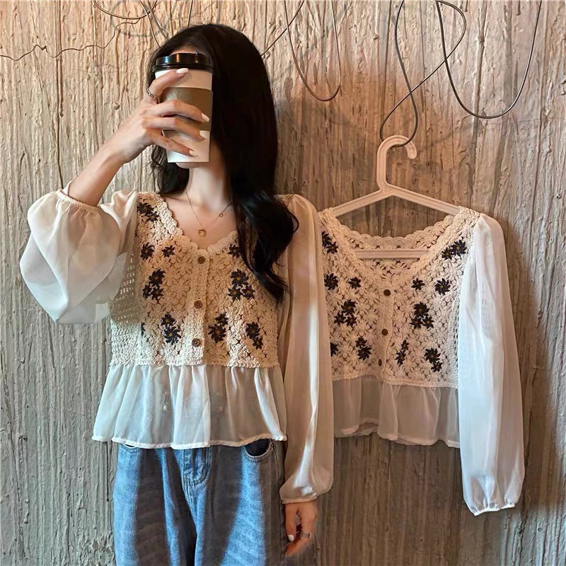 Áo sơ mi nữ kiểu croptop bánh bèo hàn quốc dáng babydoll cổ vuông ulzzang tay dài vải voan chiffon mềm mại