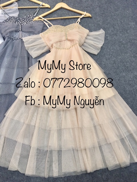 Đầm xoè xếp tầng trễ vai chất lưới nhũ láp lánh kết cườm ngực dày sang trọng TRIPBLE T DRESS -Size M/L - MS193V