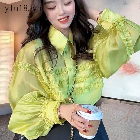 Áo Sơ Mi Chiffon Tay Phồng Phối Ren Màu Xanh Lá Ngọt Ngào Thời Trang Mùa Xuân Phong Cách Phương Tây Dành Cho Nữ