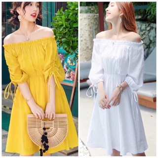 Đầm váy freesize trễ vai tay rút dây 2 màu