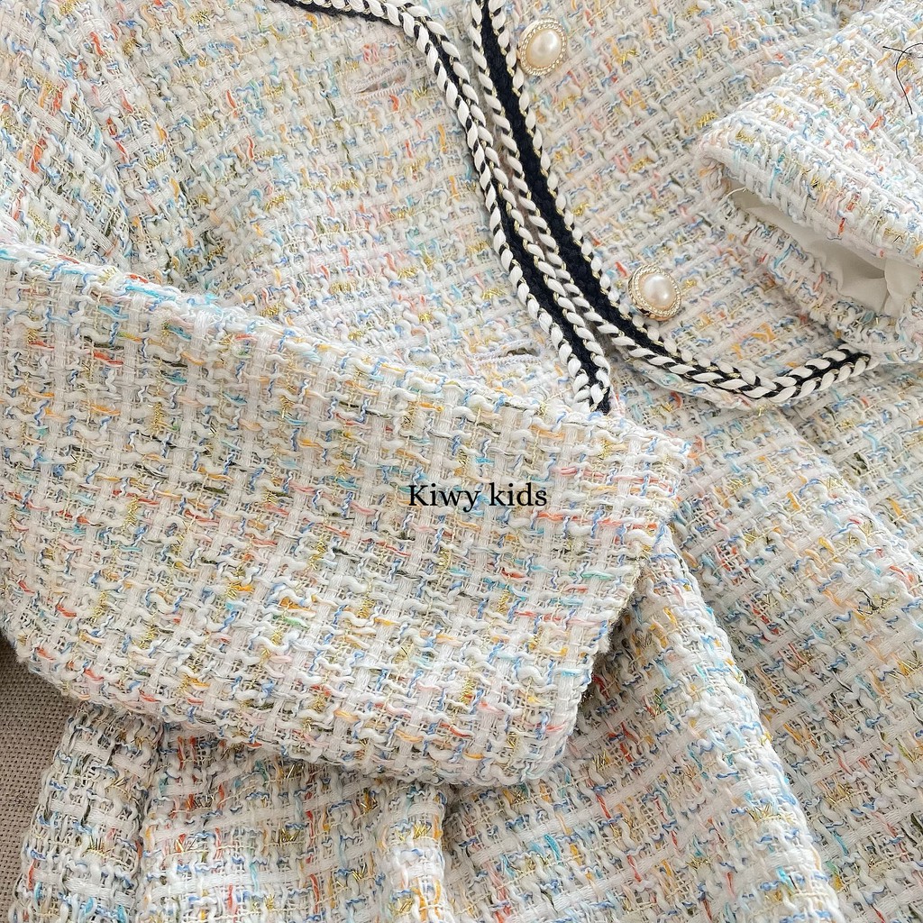Set đồ thu đông bé gái Kiwy Kids chất liệu tweed sành điệu Kids61 gồm váy liền và áo khoác cho bé 1 đến 3 tuổi