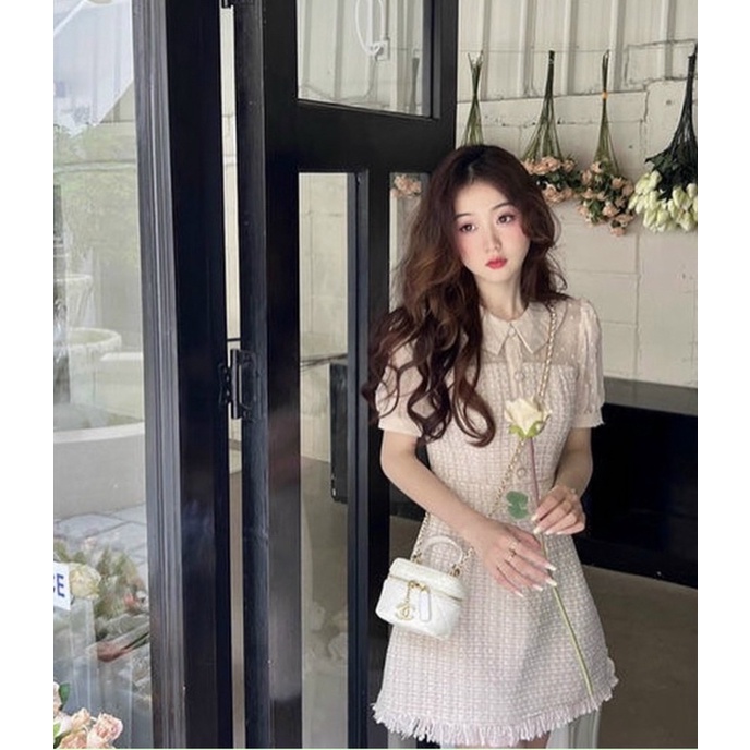 ĐẦM NUDE DẠ PHỐI TAY VOAN CỔ SEN