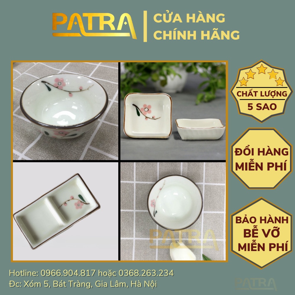 Bát đĩa đựng gia vị, bát gia vị sứ, bát mắm Bát Tràng cao cấp vẽ đào hồng