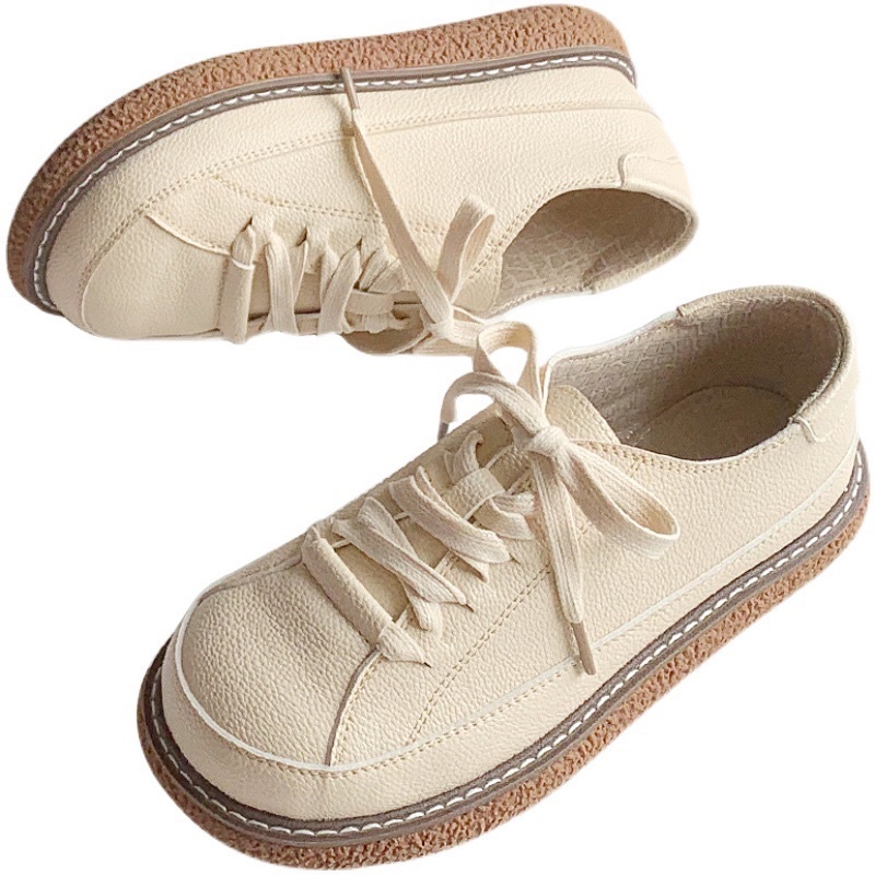 Giày Bánh Mì Nữ Da Mềm, Giày Oxford Buộc Dây Đế Bằng Xinh Xắn