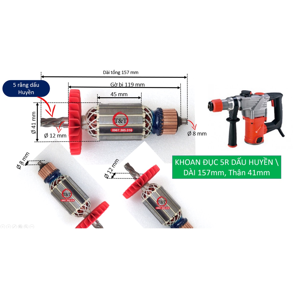 Rô to máy khoan đục 14 ly 2 chức năng 5 răng huyền dài 157, 5 răng dấu sắc dài 150, 6 răng dấu sắc dài 150.