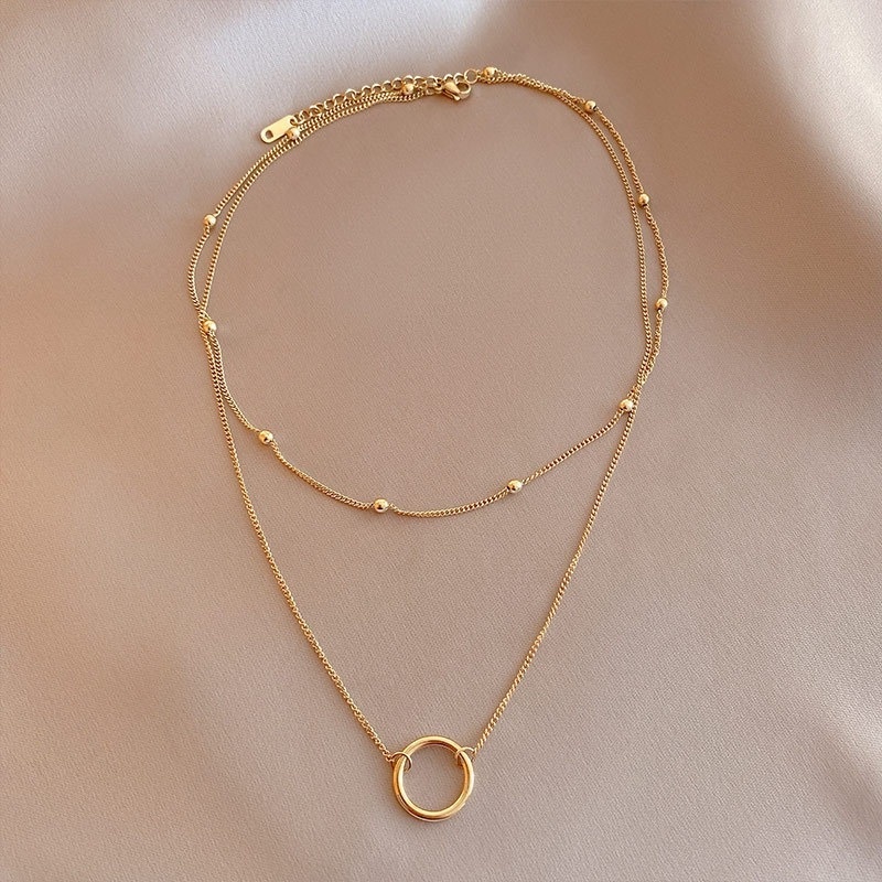 Dây chuyền hai lớp bằng thép titan mạ vàng 18K phối mặt hình tròn cao cấp thời trang cho nữ