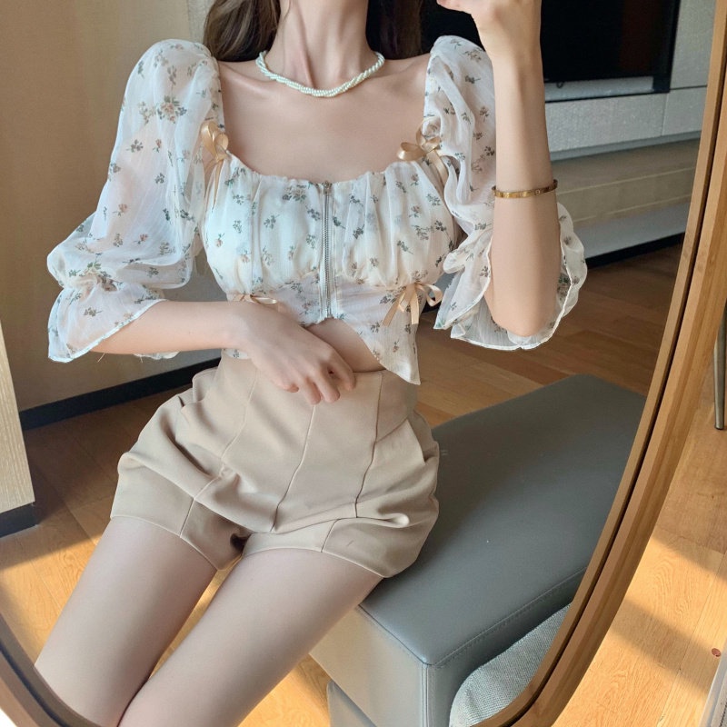 Áo Crop Top Cổ Vuông Tay Ngắn Chất Liệu Chiffon In Họa Tiết Hoa Cho Nữ