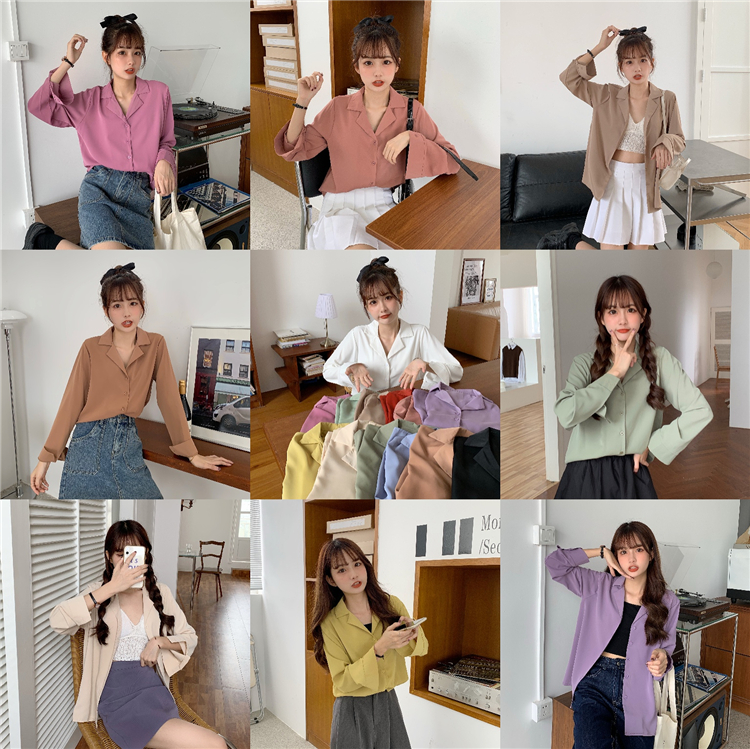 SUXI Áo Sơ Mi Tay Dài Màu Trơn Cổ Bẻ Thời Trang Mùa Thu Cho Nữ