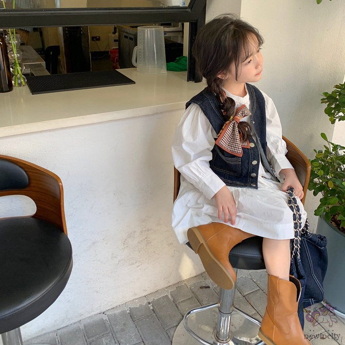 Bộ Áo Denim Không Tay + Đầm Trắng Thời Trang Hàn Quốc Dành Cho Bé Gái