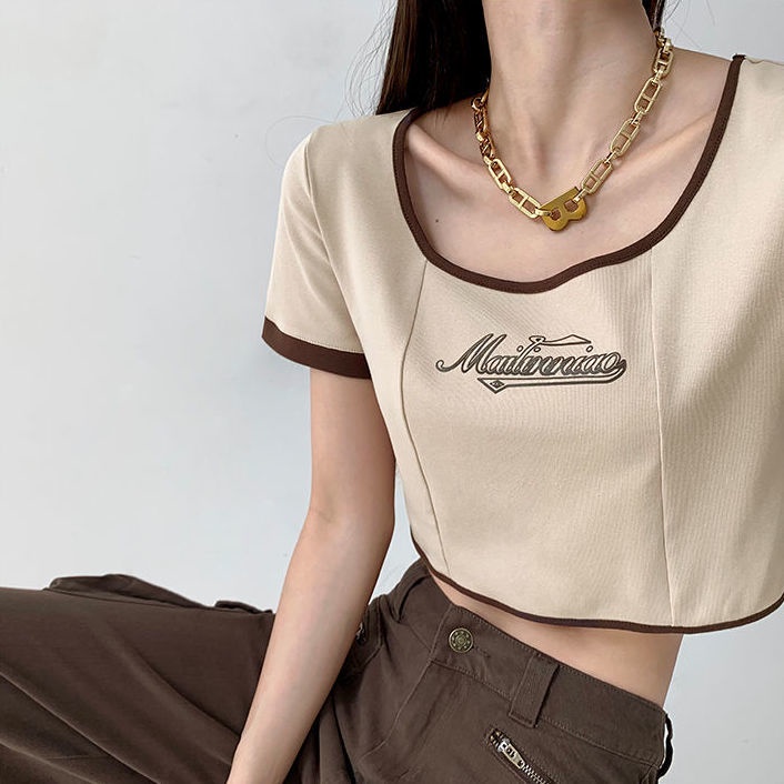 Áo Croptop Tay Ngắn Dáng Ôm In Chữ Màu Sắc Tương Phản Thời Trang Mùa Hè Xinh Xắn Cho Nữ