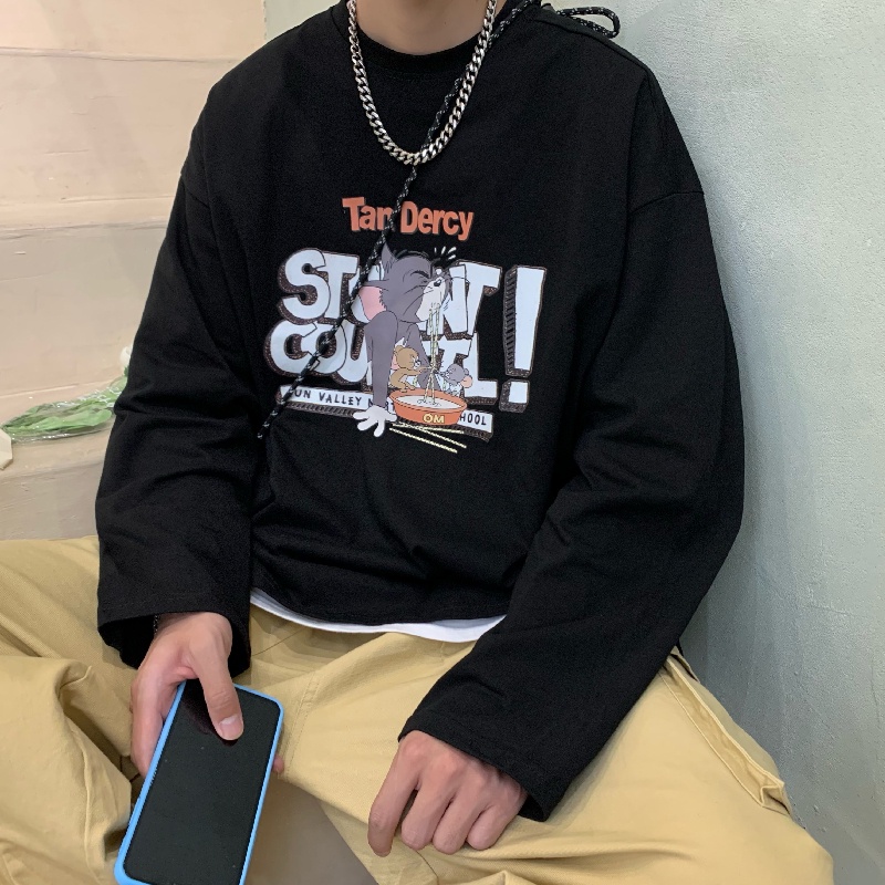 Áo thun tay dài cổ tròn dáng rộng in họa tiết hoạt hình phong cách Hàn Quốc thời trang mùa đông cho nam size M-5XL