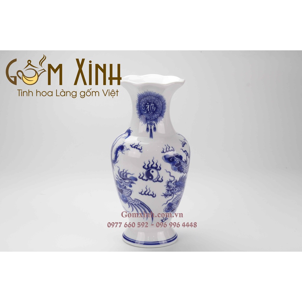Lọ cắm hoa ban thờ rồng phượng miệng lượn_Đồ thờ Bát Tràng